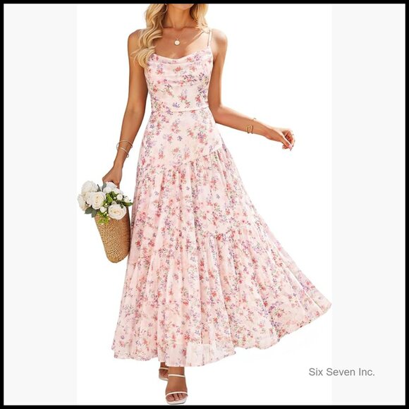 Dresses & Skirts - Mesh Floral Maxi Dress Sleeveless Spaghetti Strap Boho Beach Wedding Guest